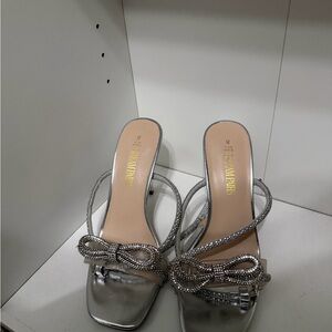 Rene Caovilla Silver Strappy Heels with Bow